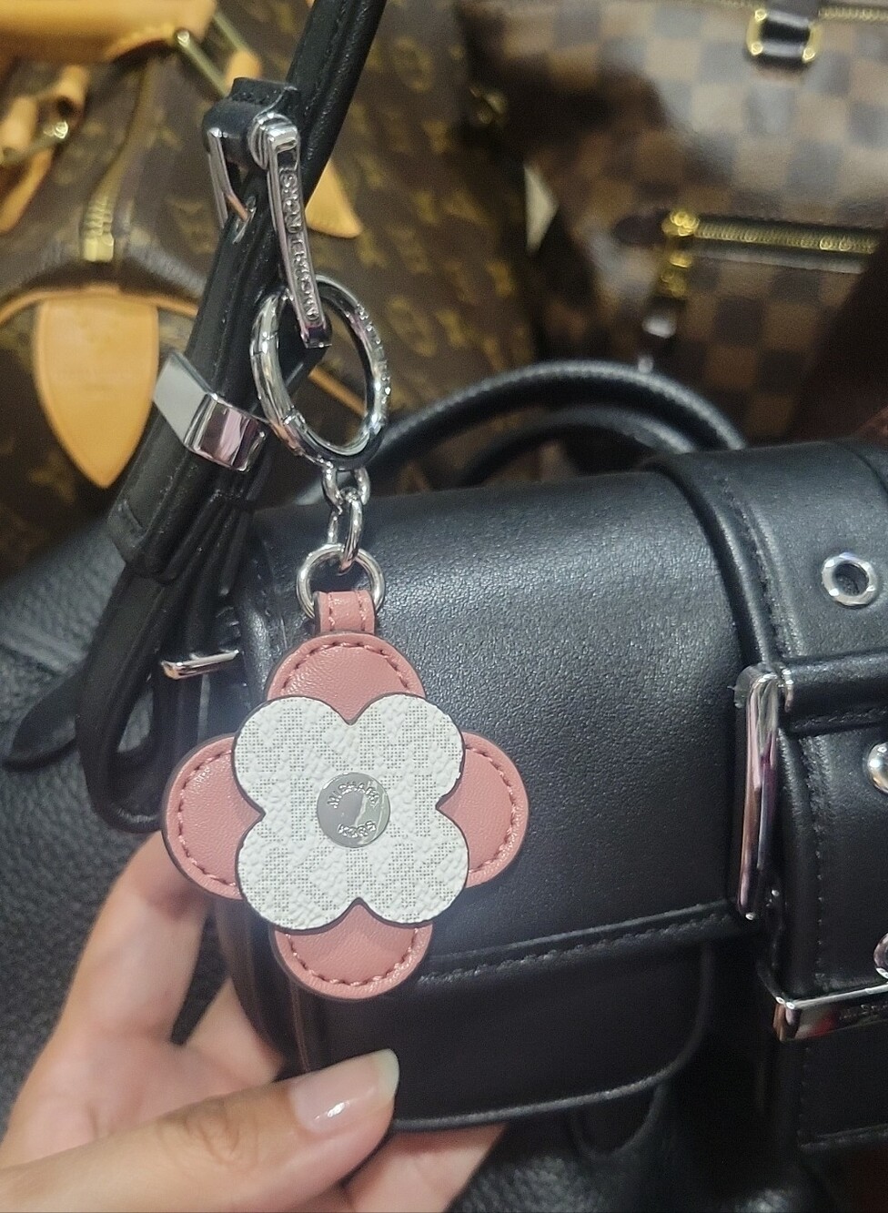 Michael Kors Leather Flower Keychain Charm - Pink & White